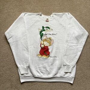Vtg Christmas Sweatshirt 2XL White Mouse Mistletoe Kiss Cute Cartoon Festive 90s